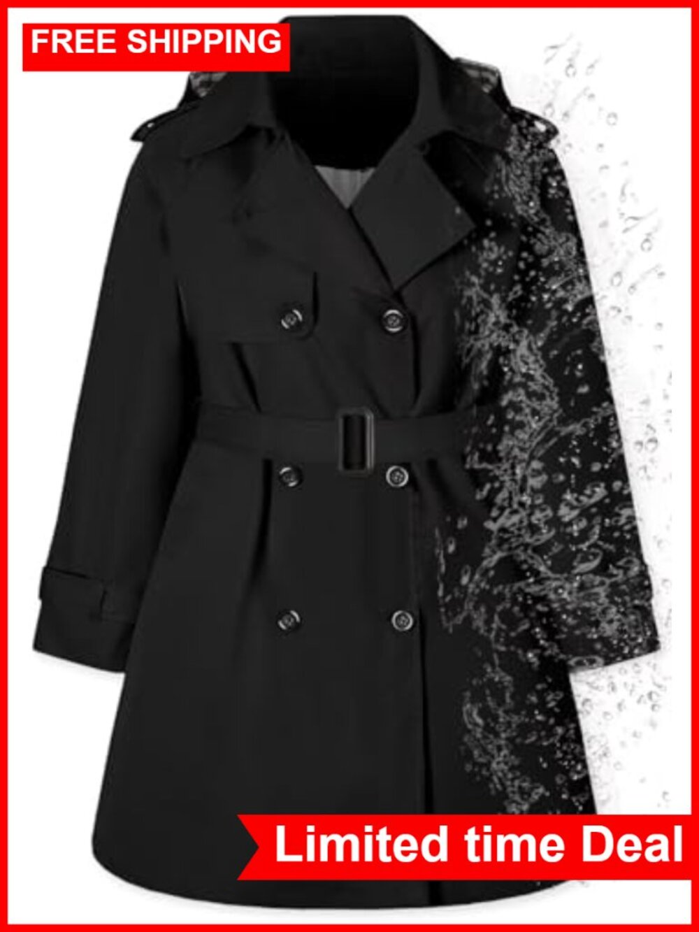 Waterproof Hooded Trench Raincoat Lightweight Polyester Women's